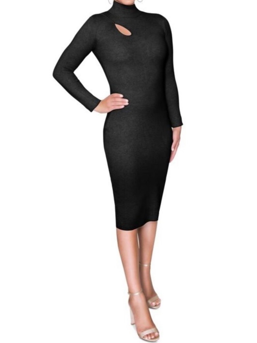 Rachel Roy Knit Fitted Long-Sleeve Fitted Midi Dress in Black NWT